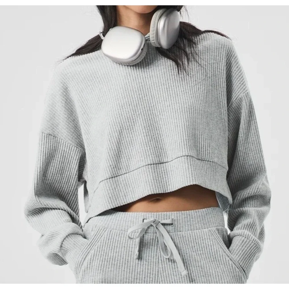 Alo Yoga Muse Hoodie Heather Grey Ribbed Cropped Pullover Size Large W3357R